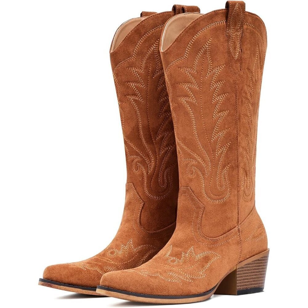 Women Brown Faux Suede Retro Snip Toe Chunky Block Heel Embroidered Boot